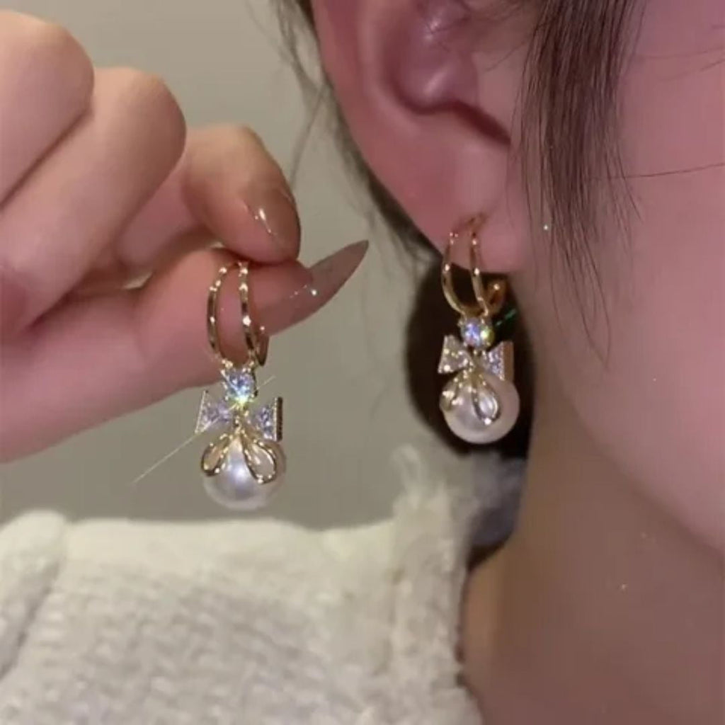 Elegant Pearl Bow Dangle Earrings